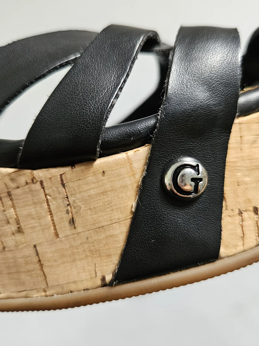 Guess Black Strappy Cork Platform Wedge Sandals Silver G Logo Size 8